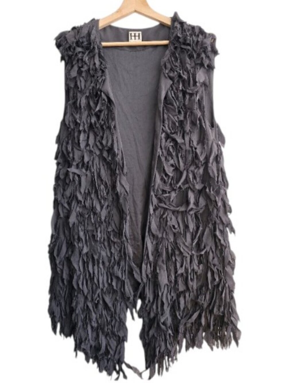 Haute Hippie fringed open front long vest grey women's size M